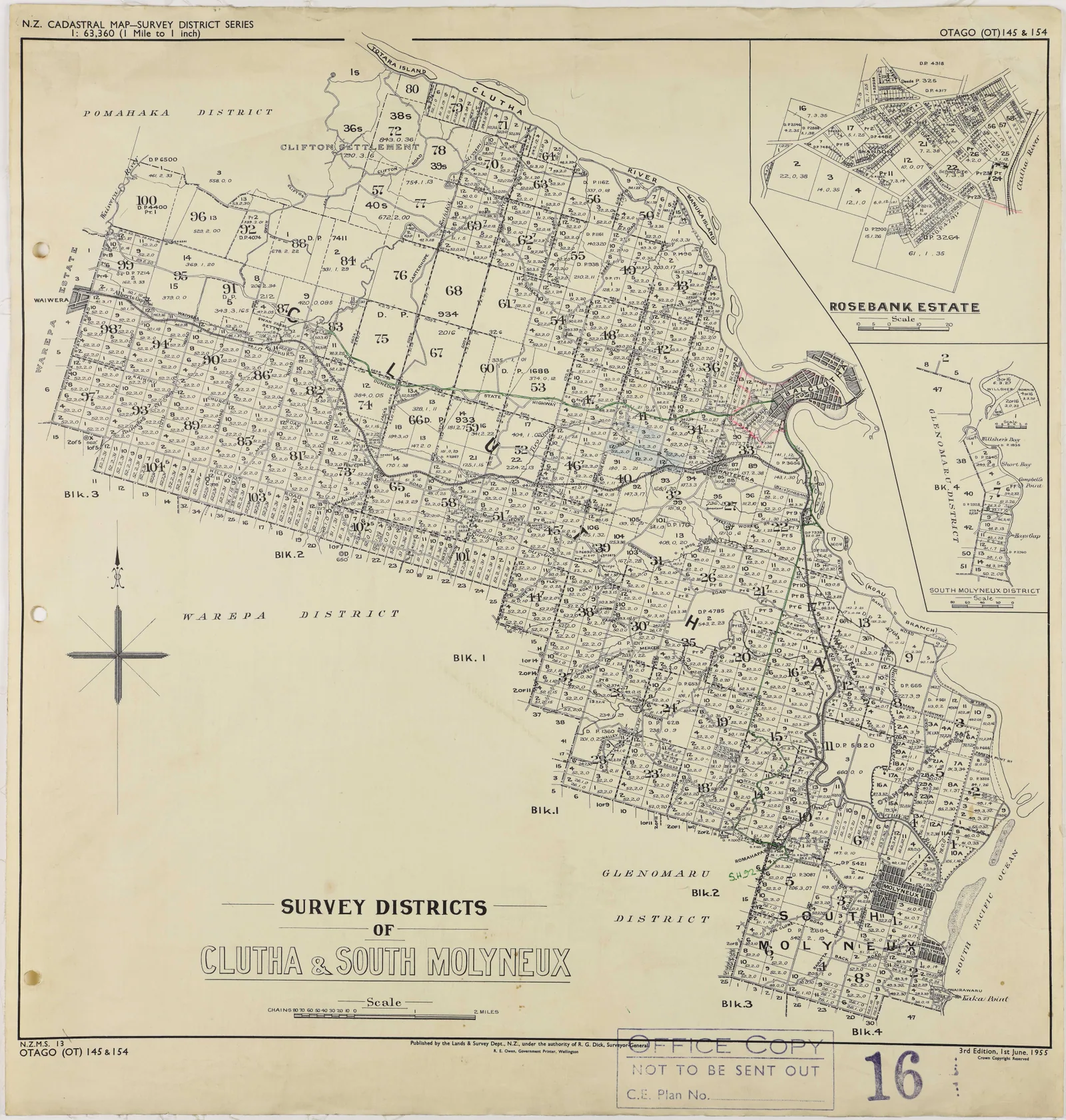 Two detailed cadastral survey district maps with parcel divisions, contours and printed marginal information.