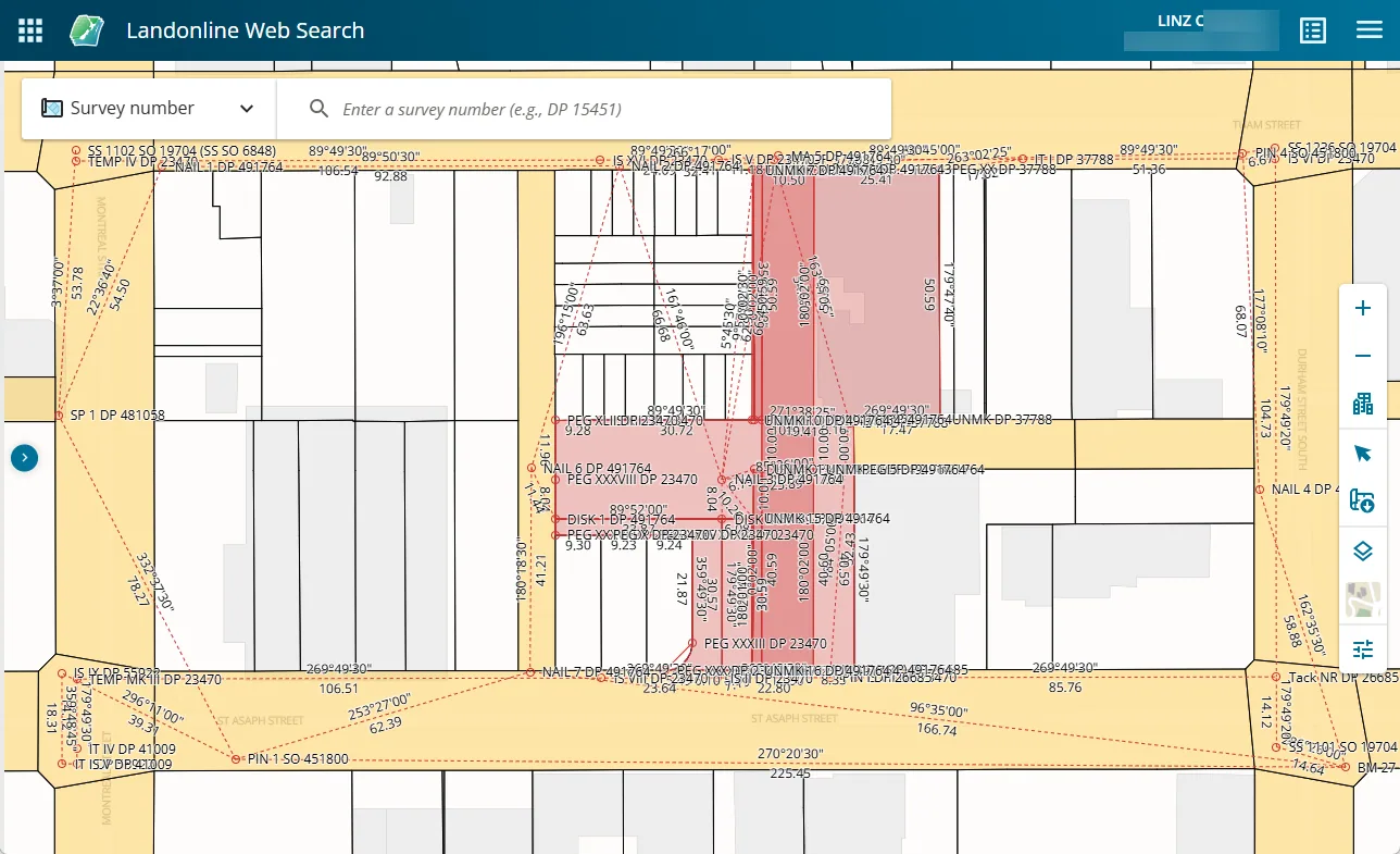 Landonline Web Search spatial map showing survey vectors, survey marks and parcel information.