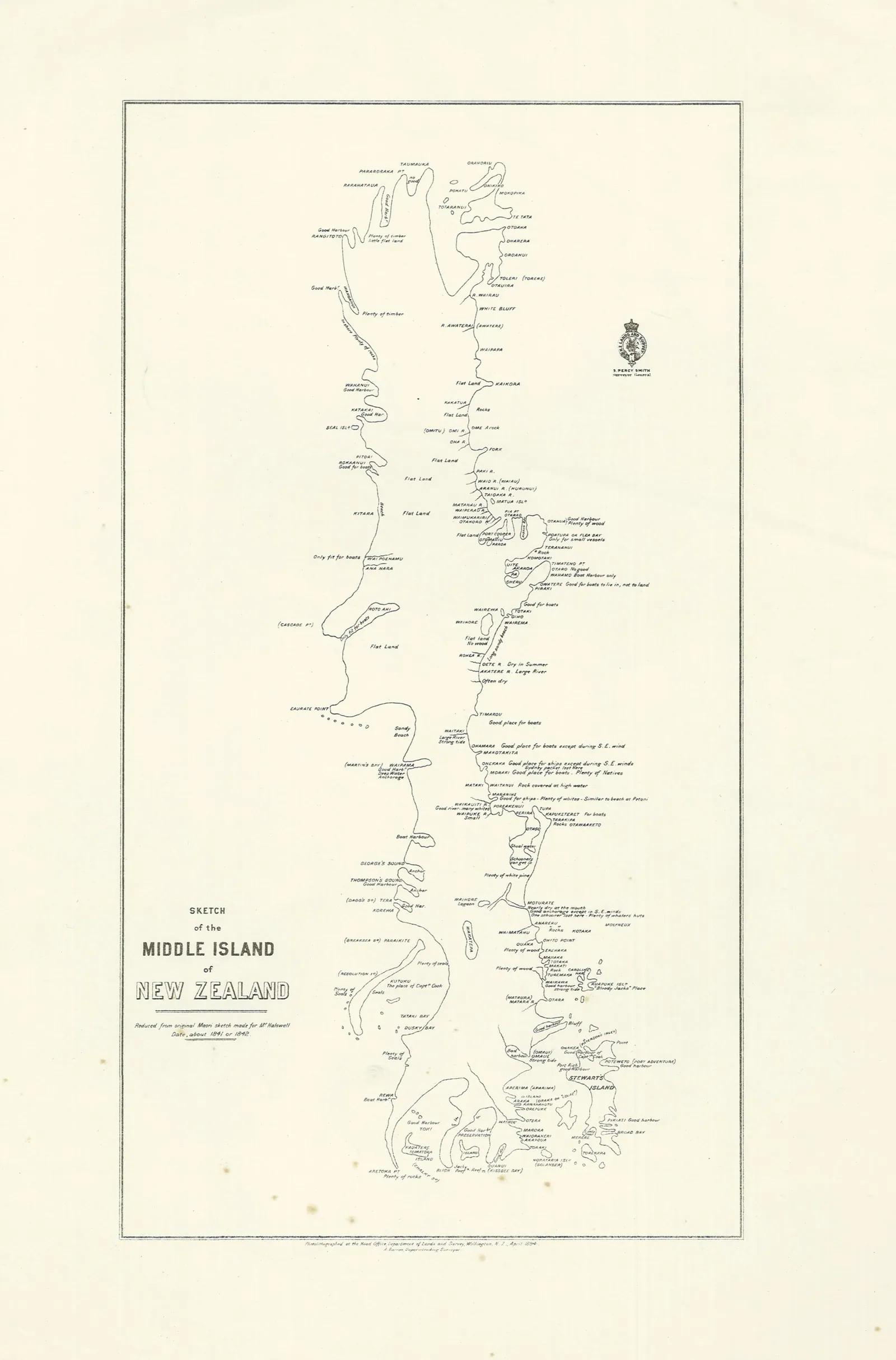 A historical map derived from an unidentified Māori/Kāi Tahu sketch and colonial transcription, evidence of place knowledge and its representation. This predates GIS and is not the Kā Huru Manu atlas.