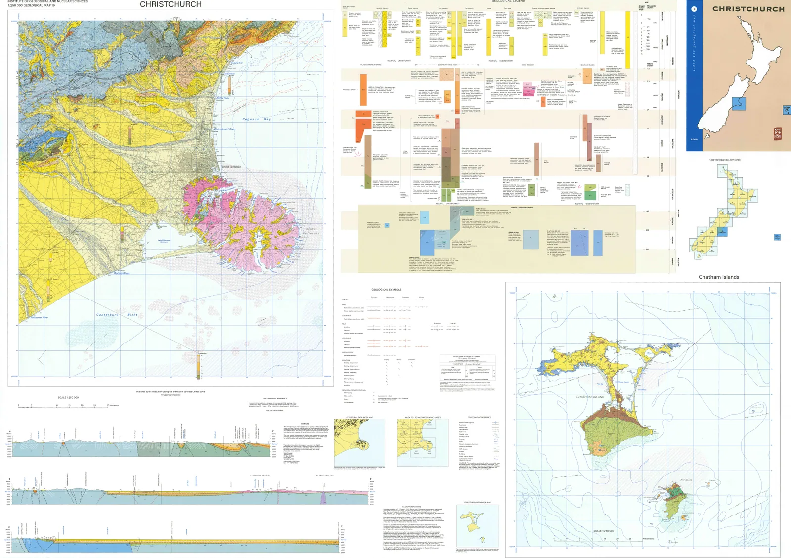Colour geological QMAP sheet and legend for Canterbury and Christchurch.