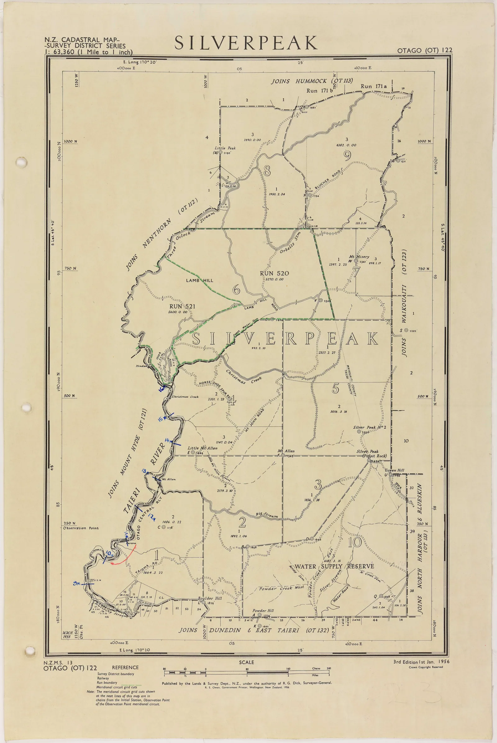 1956 NZMS 13 cadastral survey-district map sheet for Silverpeak, Otago, with parcel boundaries and printed labels.