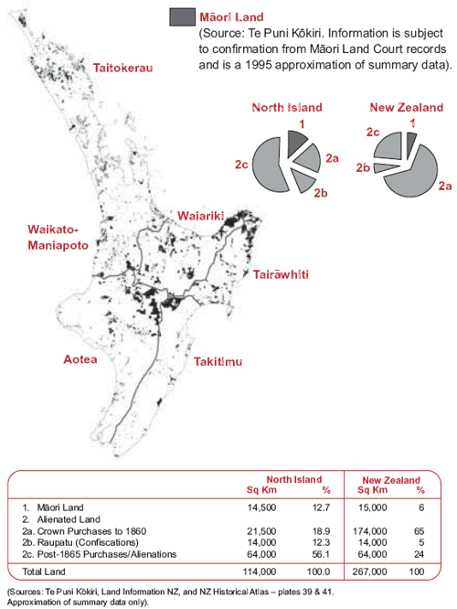 Location of Māori land, state summary map based on a 1995 approximation.